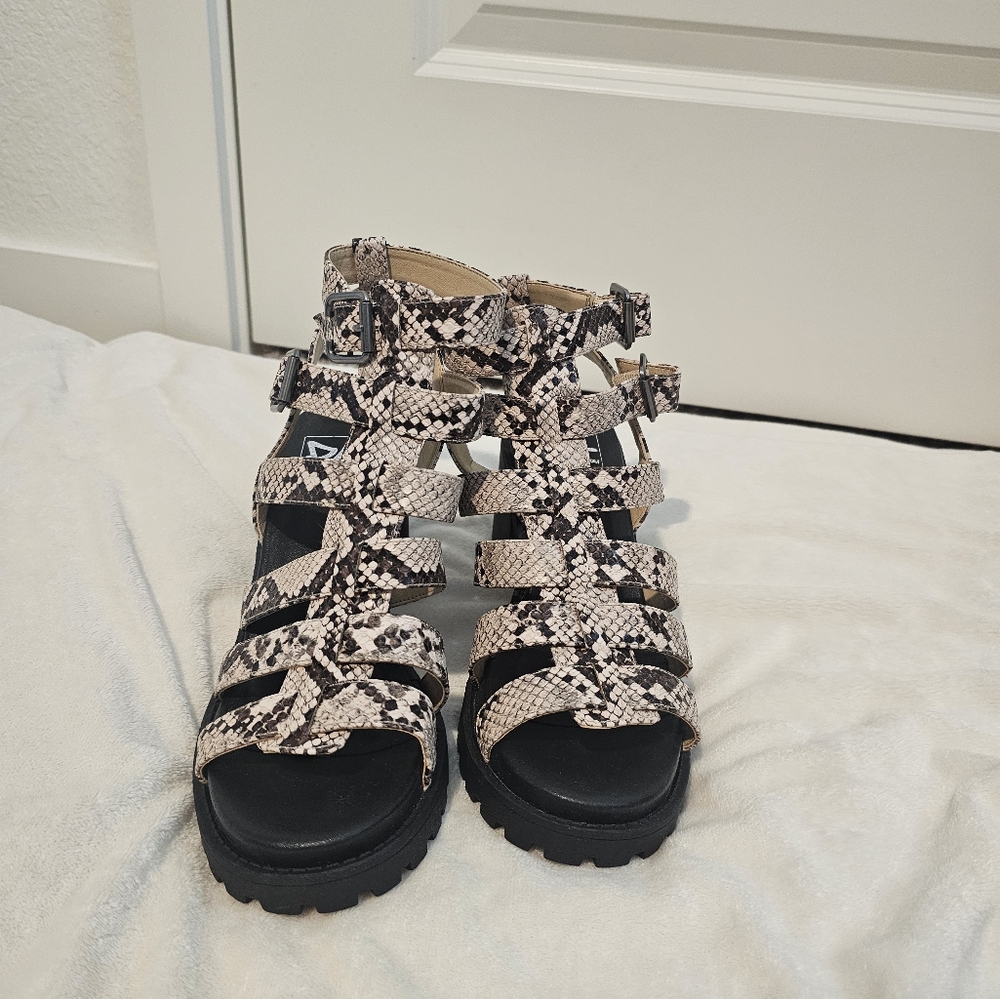 Dirty Laundry Strappy Caged Snake Block Heel Sandal